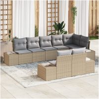 8-delat trädgårdssoffset med kuddar Beige Poly Rattan vidaXL