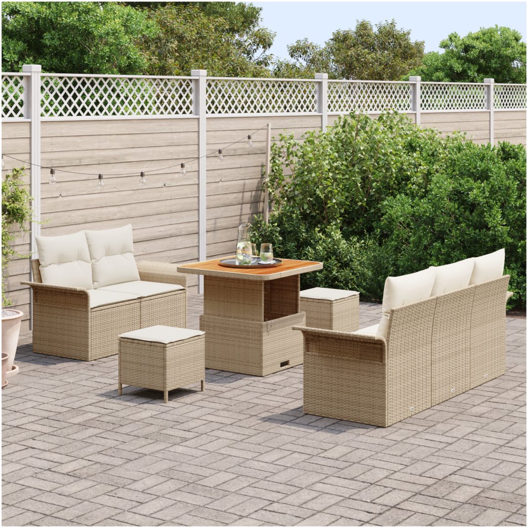 8-delat trädgårdssoffset med kuddar beige poly rotting akacia vidaXL Medium – bild 3