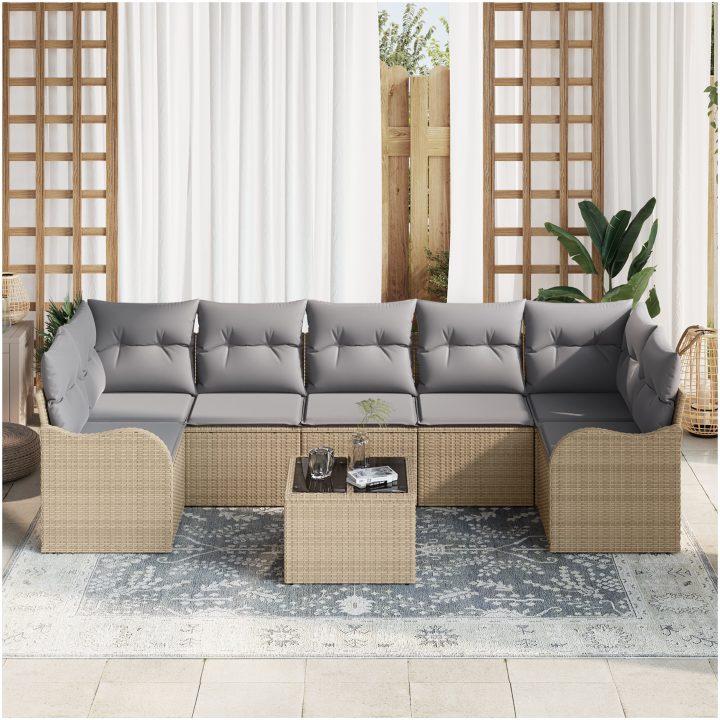 8-delat trädgårdssoffset med kuddar Beige Poly rotting vidaXL Medium – bild 3