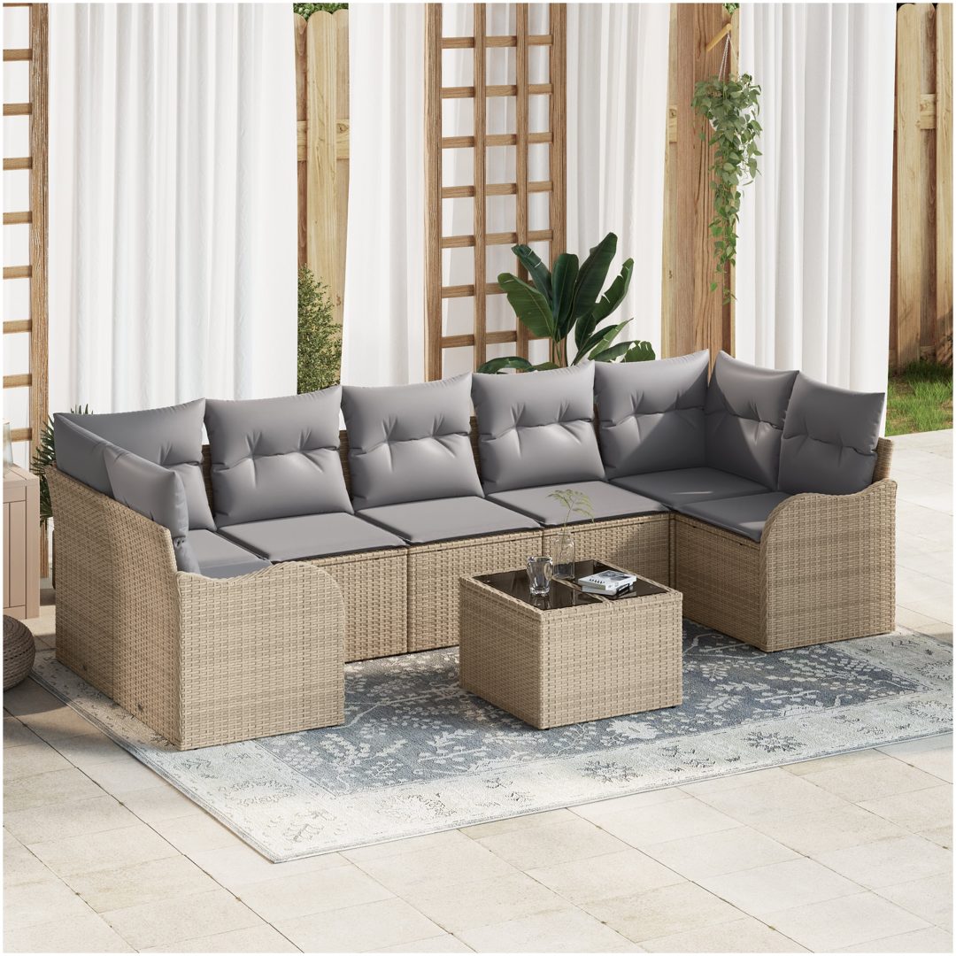 8-delat trädgårdssoffset med kuddar Beige Poly rotting vidaXL Medium