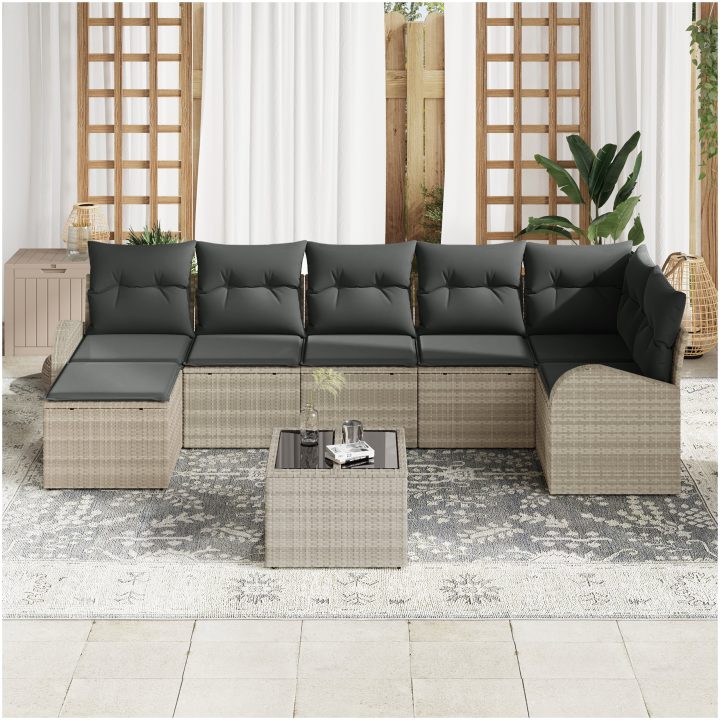8-delat trädgårdssoffset med kuddar grå poly rattan vidaXL 55 x 55 x 37 cm – bild 3