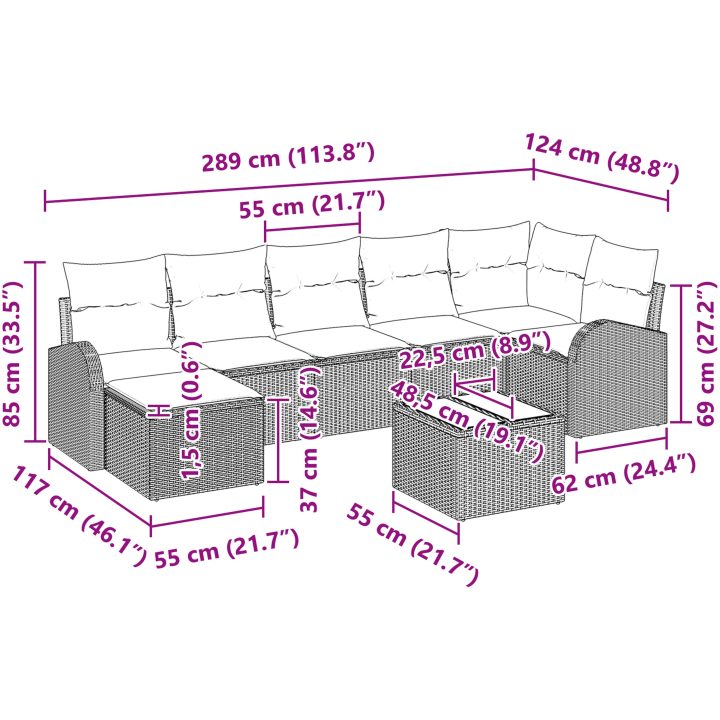8-delat trädgårdssoffset med kuddar grå poly rattan vidaXL 55 x 55 x 37 cm – bild 10