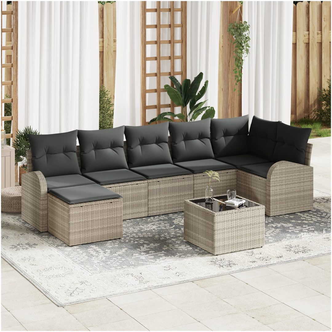 8-delat trädgårdssoffset med kuddar grå poly rattan vidaXL 55 x 55 x 37 cm