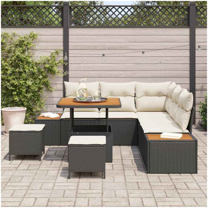 8-delat trädgårdssoffset med kuddar svart poly rattan akacia vidaXL Stor – bild 3