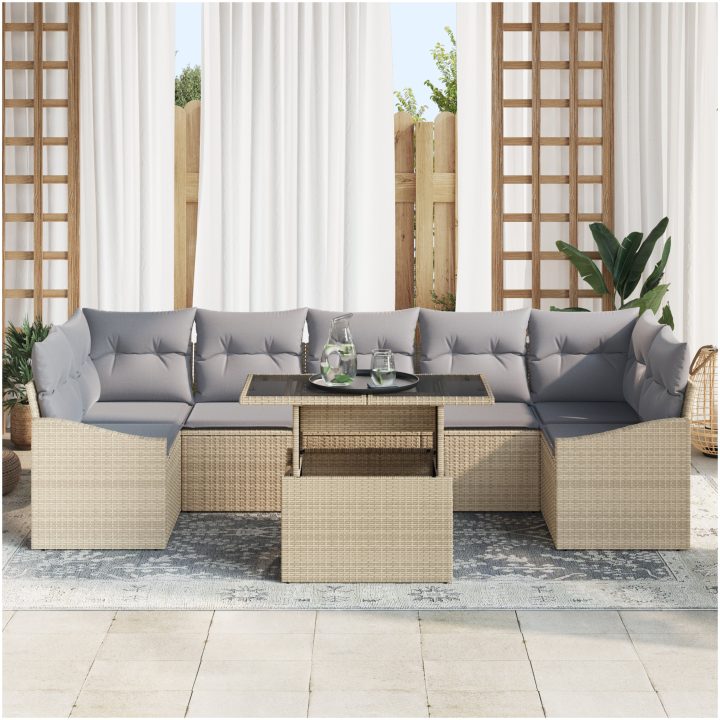 8-dels trädgårdsoff set med kuddar beige polyrotting vidaXL 100 x 55 x 73 cm – bild 3