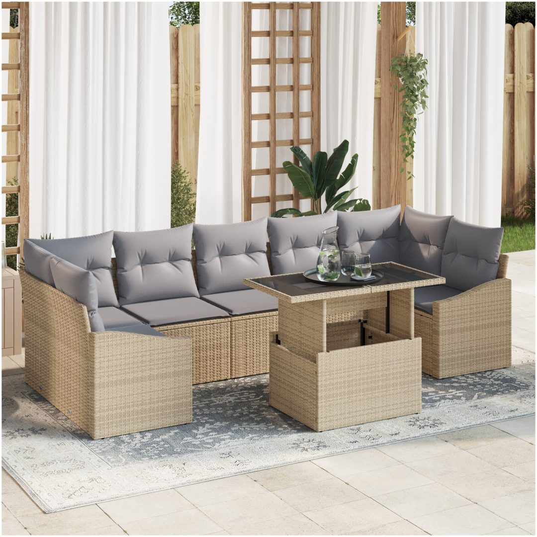 8-dels trädgårdsoff set med kuddar beige polyrotting vidaXL 100 x 55 x 73 cm