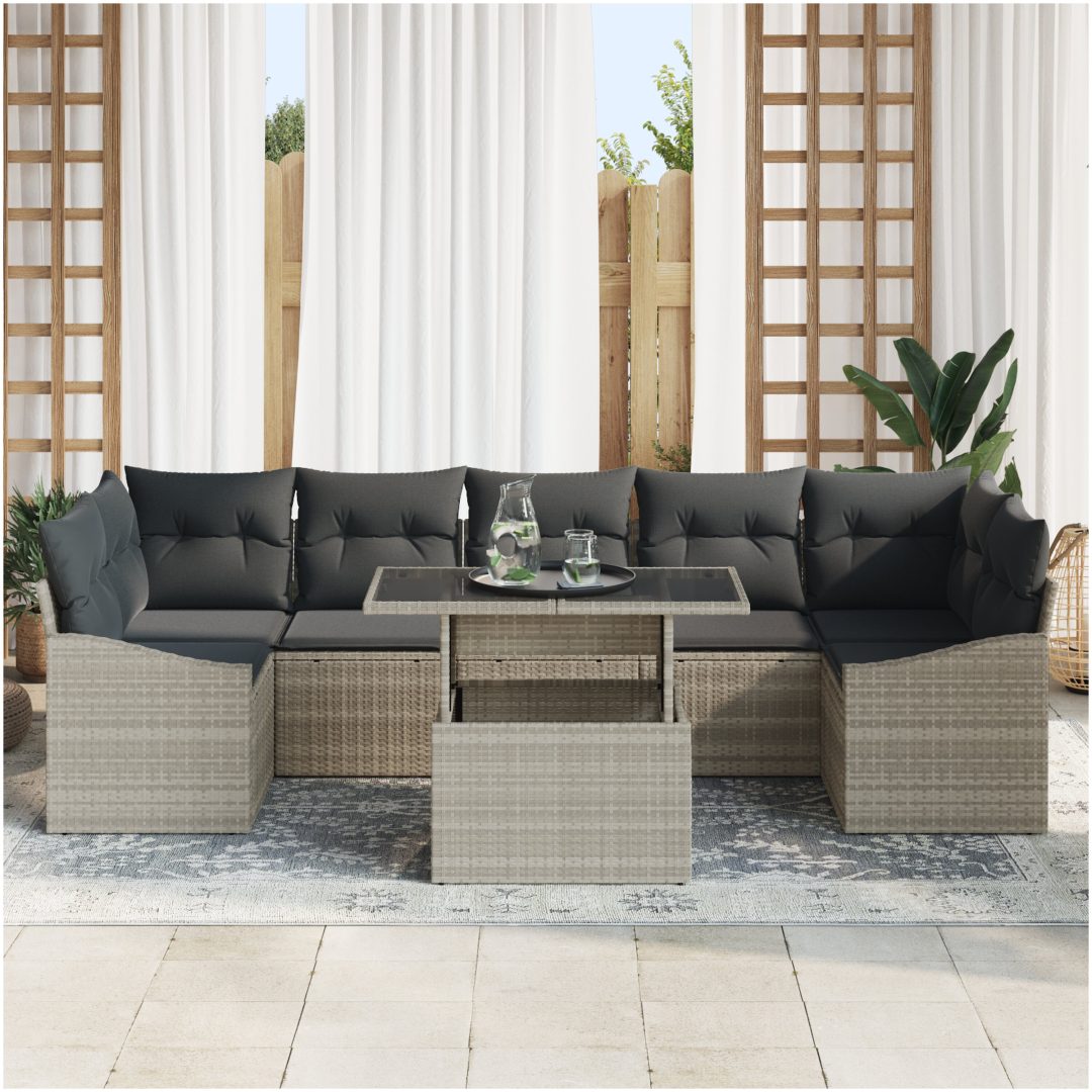 8-dels trädgårdsoff set med kuddar ljusgrå polyrotting vidaXL 100 x 55 x 73 cm – bild 3