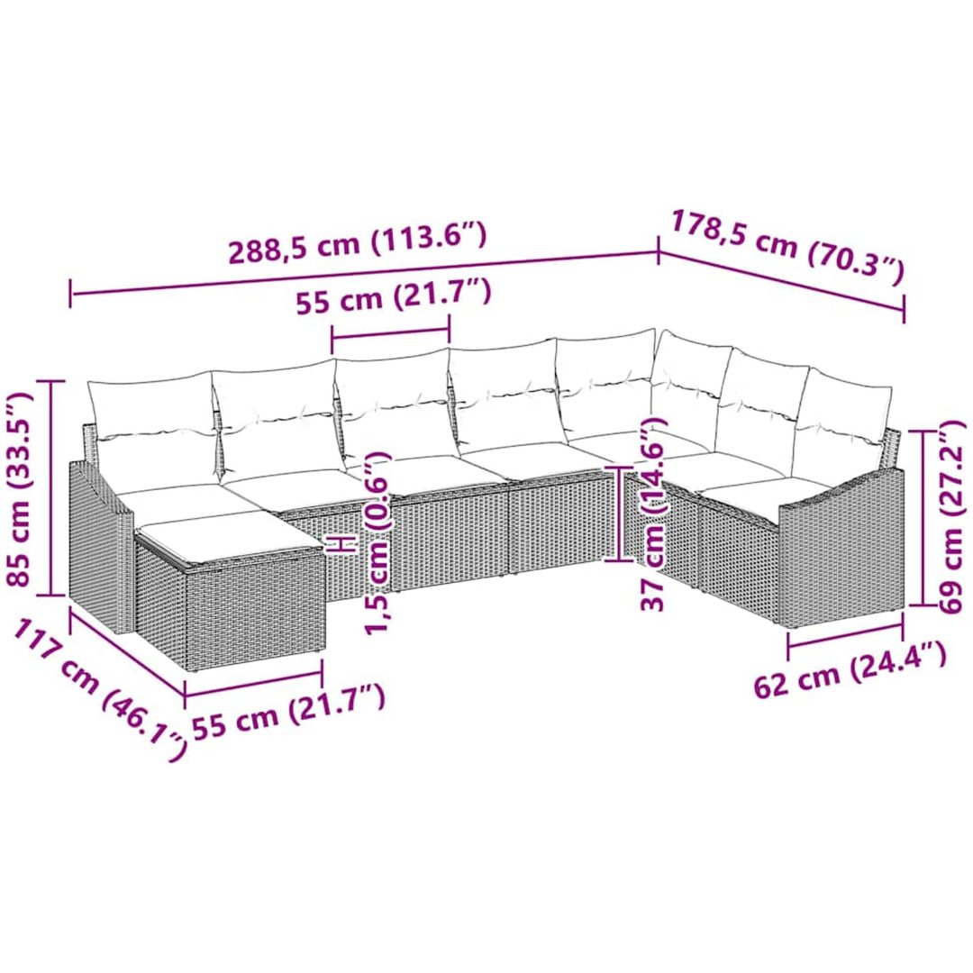 8-dels Trädgårdsoffa med kuddar Brun Poly Rattan vidaXL 288,5 x 178,5 x 85 cm – bild 9