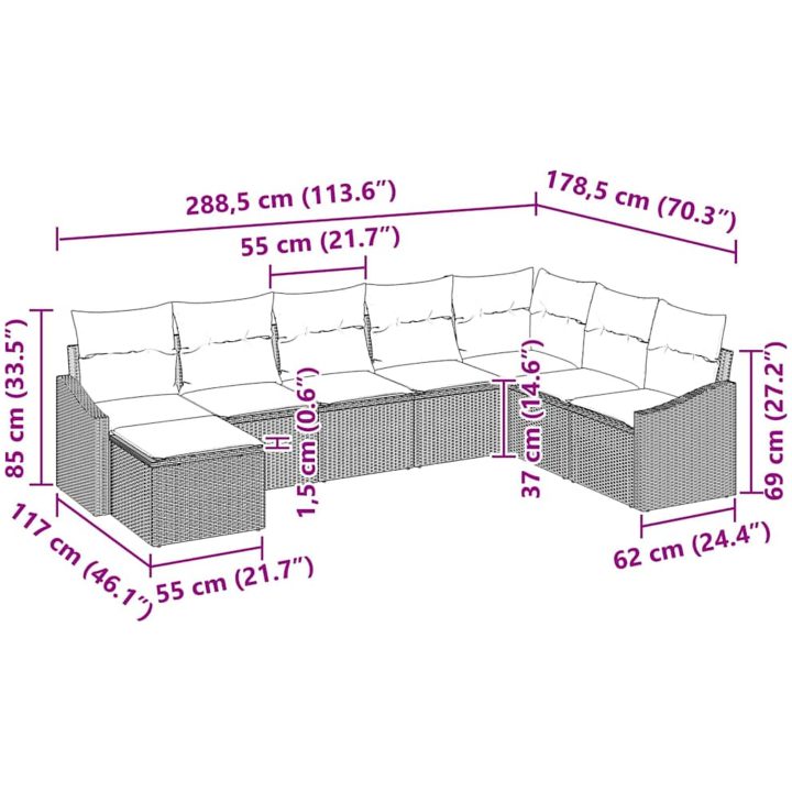 8-dels Trädgårdsoffa med kuddar Brun Poly Rattan vidaXL 288,5 x 178,5 x 85 cm – bild 9