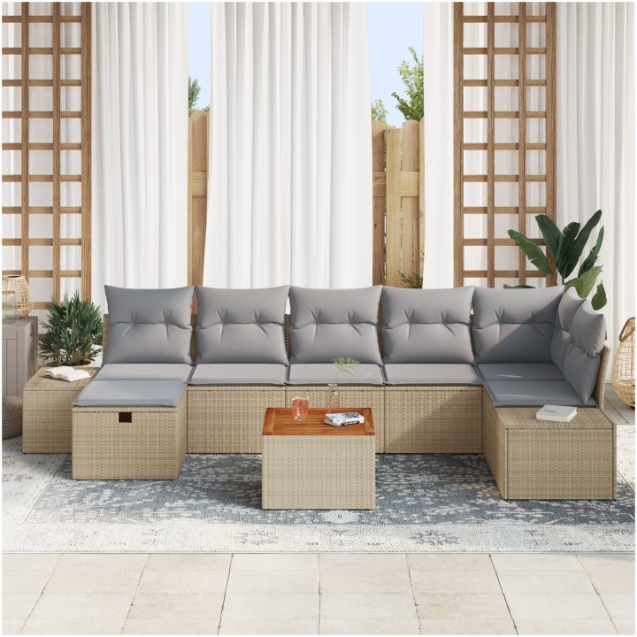 8-dels trädgårdsoffgrupp med kuddar Beige Poly Rattan vidaXL 55 x 55 x 37 cm – bild 3