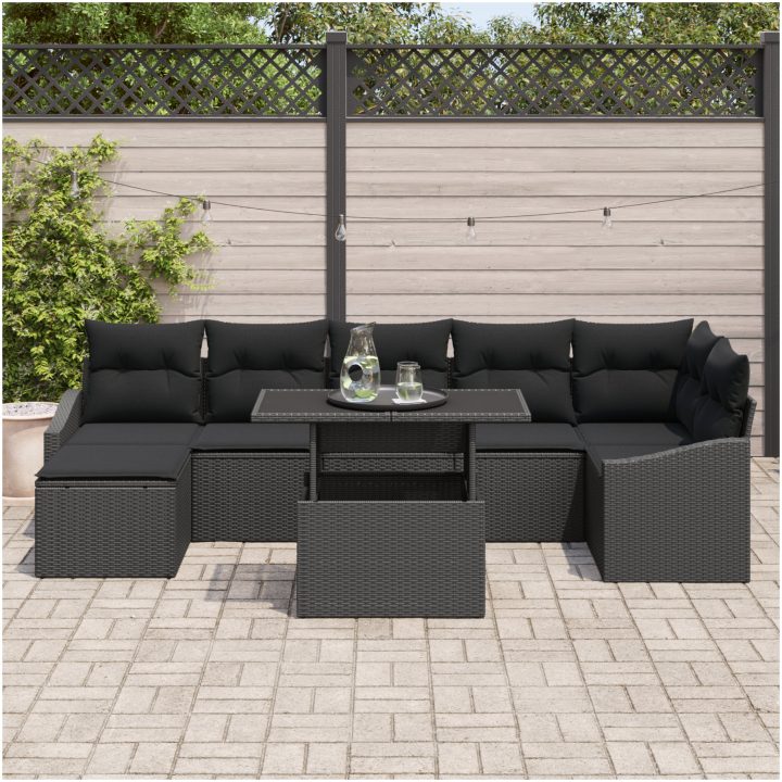 8-dels trädgårdssoff-set med kuddar i svart poly-rattan vidaXL 100 x 55 x 73 cm – bild 3