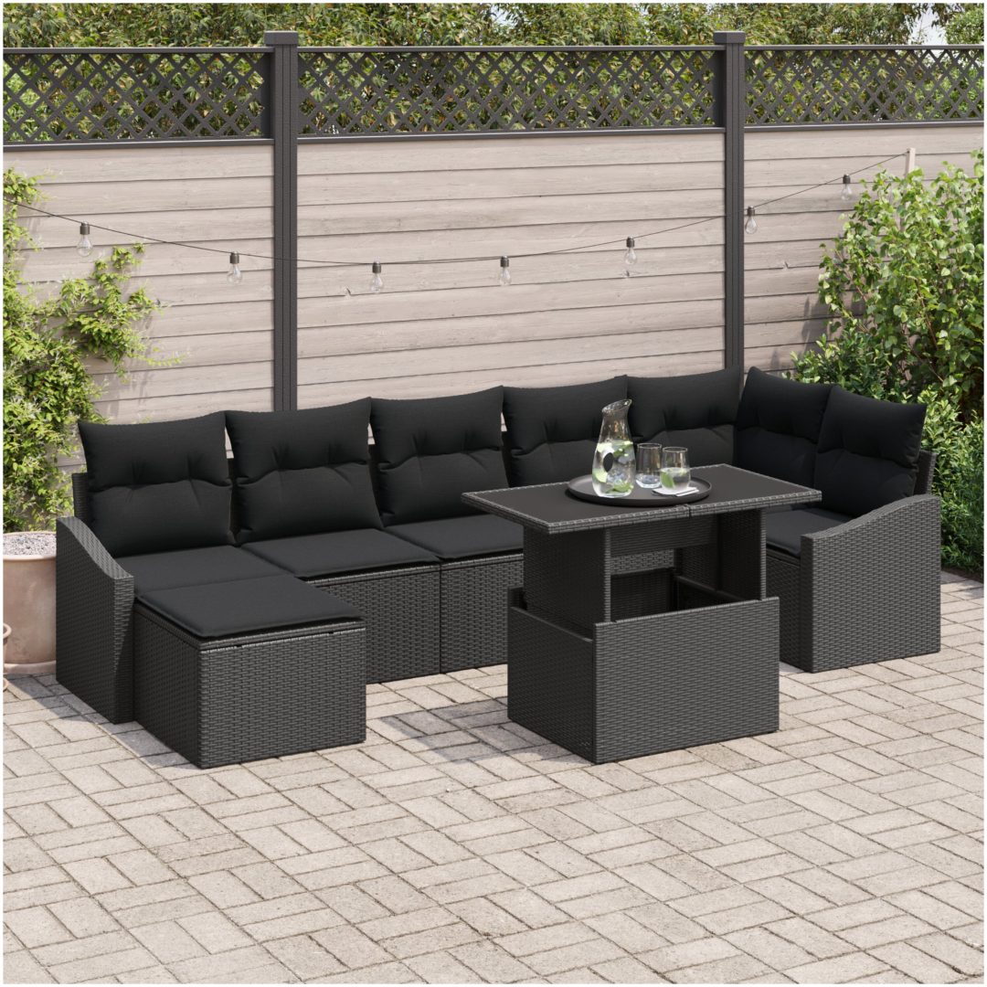 8-dels trädgårdssoff-set med kuddar i svart poly-rattan vidaXL 100 x 55 x 73 cm