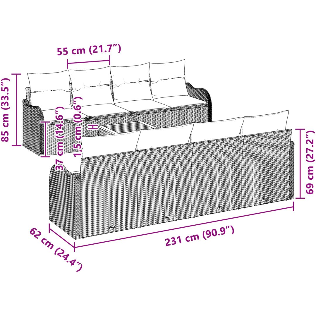 9 Bitars Trädgårdsofa Set med Kuddar Svart Poly Rattan Akacia vidaXL Stor – bild 8