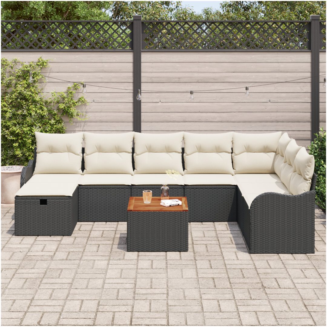 9 Bitars Trädgårdsoff Set med Kuddar Svart Poly Rattan vidaXL Stor – bild 3