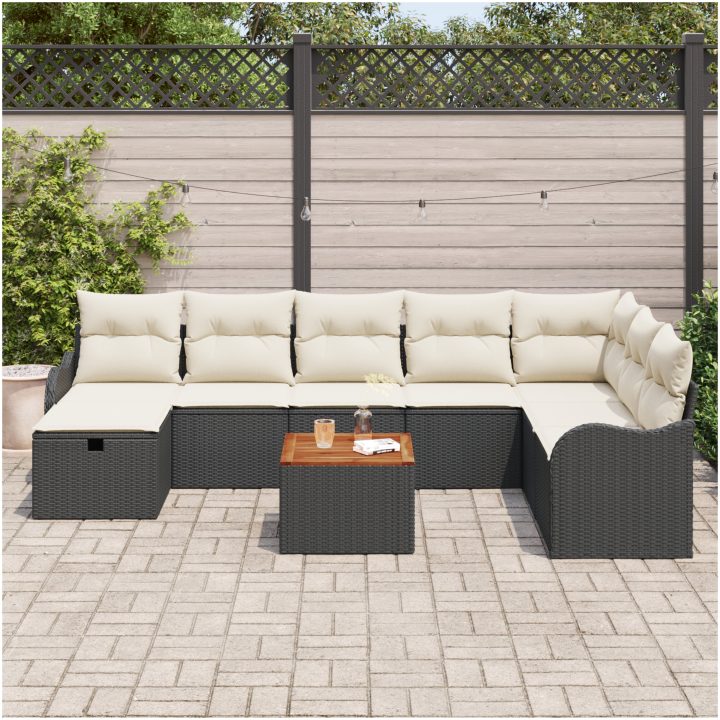 9 Bitars Trädgårdsoff Set med Kuddar Svart Poly Rattan vidaXL Stor – bild 3