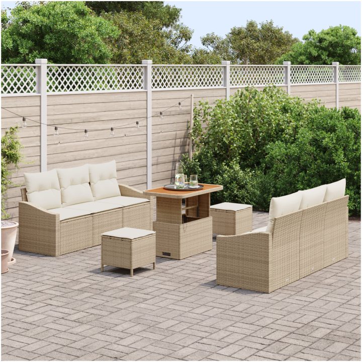9 Bitars Trädgårdsoffaset med Kuddar Beige Polyrotting Akacia vidaXL Stor – bild 3
