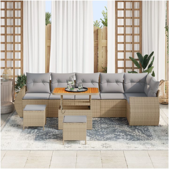 9 Dela Trädgårdsoff Set med Kuddar Beige Poly Rattan Akacia vidaXL Stor – bild 3