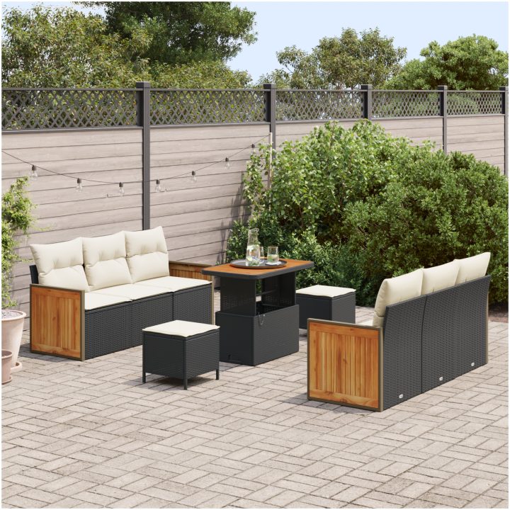 9-dela trädgårdsoff set med kuddar Svart Poly Rattan Akacia vidaXL 5 - Delars set – bild 3