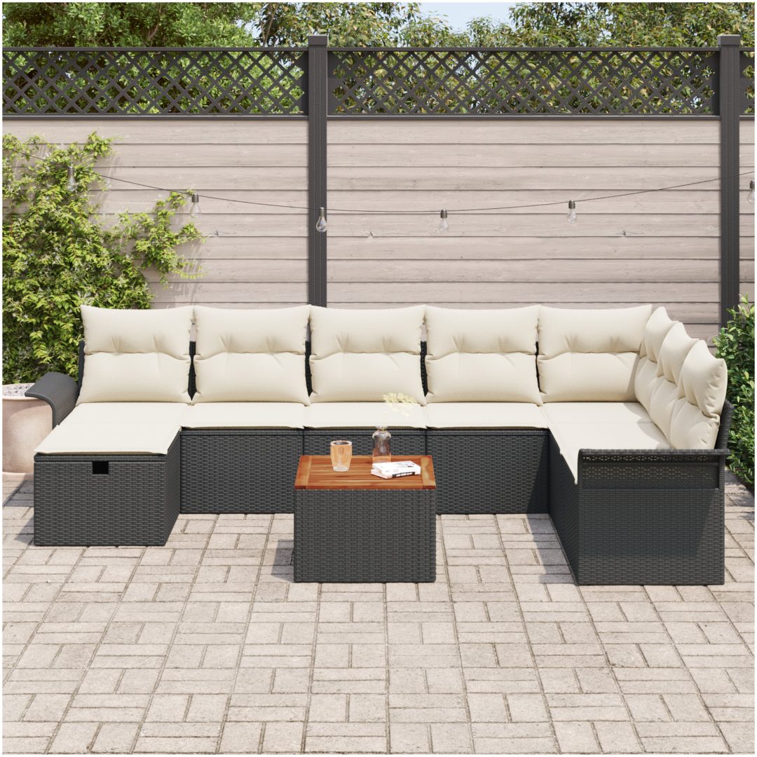 9-dela trädgårdssofa-set med kuddar Svart Poly Rottning vidaXL 55 x 55 x 37 cm – bild 3