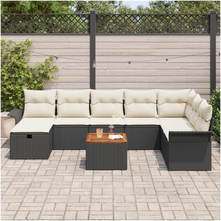 9-dela trädgårdssofa-set med kuddar Svart Poly Rottning vidaXL 55 x 55 x 37 cm – bild 3