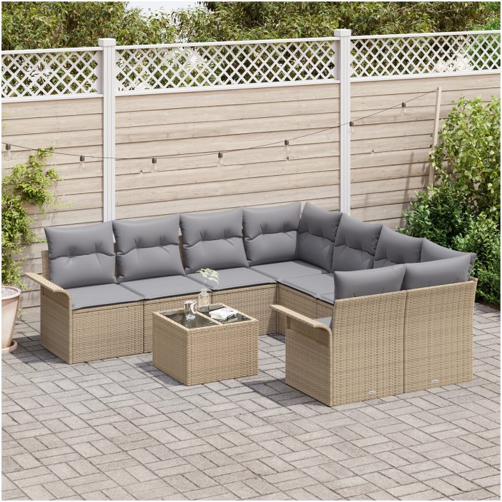 9-delad gårdsoffa med dynor Beige Poly Rattan vidaXL 55 x 55 x 37 cm – bild 3