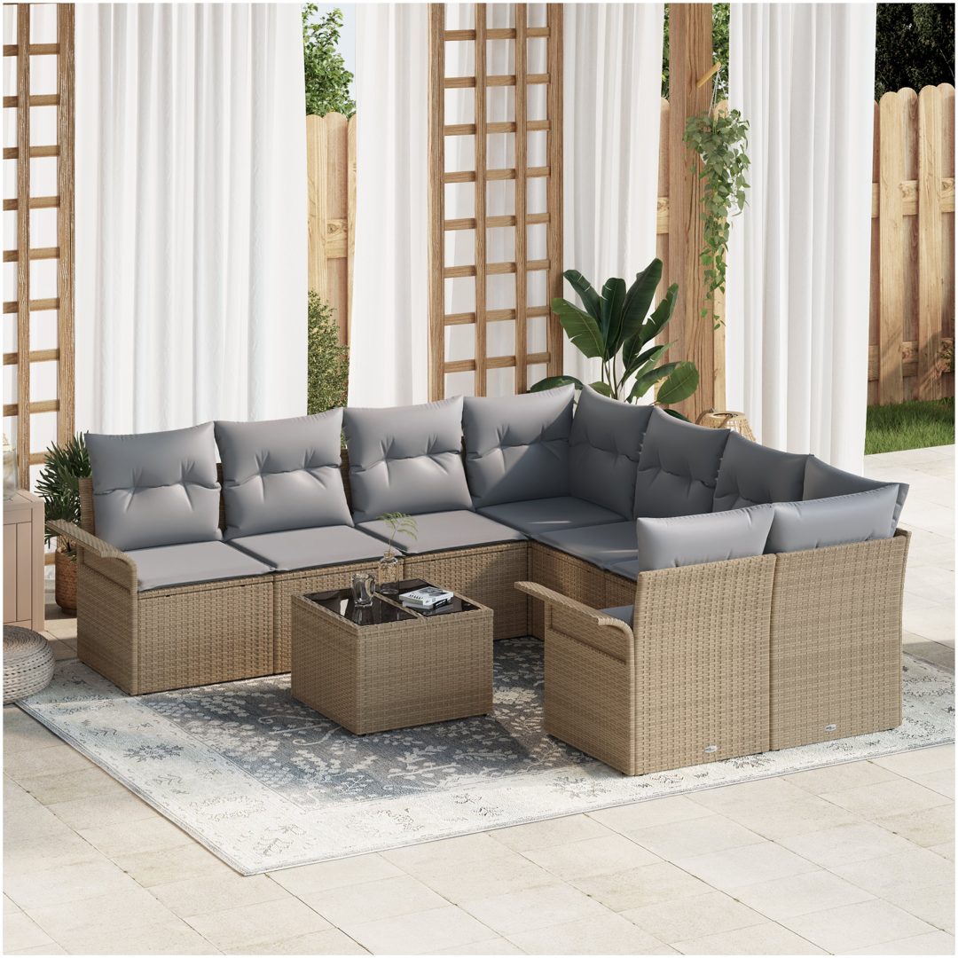 9-delad gårdsoffa med dynor Beige Poly Rattan vidaXL 55 x 55 x 37 cm