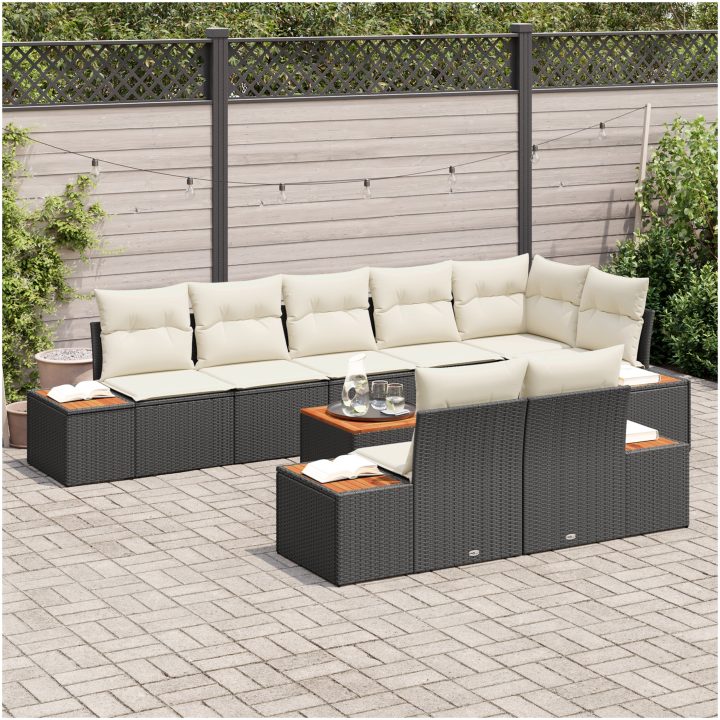 9-delad soffgrupp för trädgården med kuddar - Svart konstrotting och akacia vidaXL 55 x 55 x 37 cm – bild 3