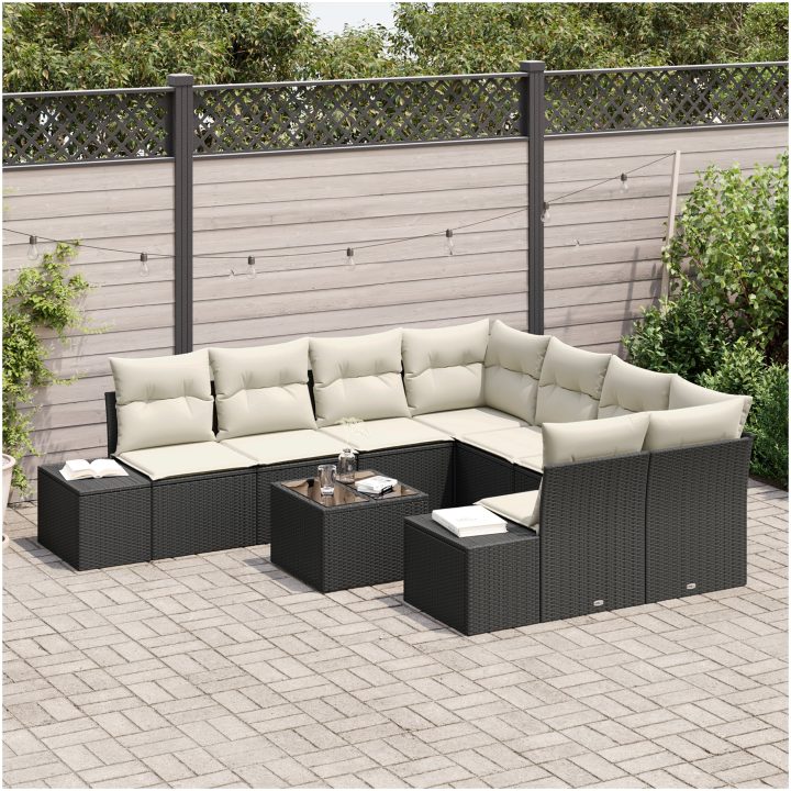 9-delad soffgrupp med kuddar i svart polyrotting vidaXL 55 x 55 x 37 cm – bild 3