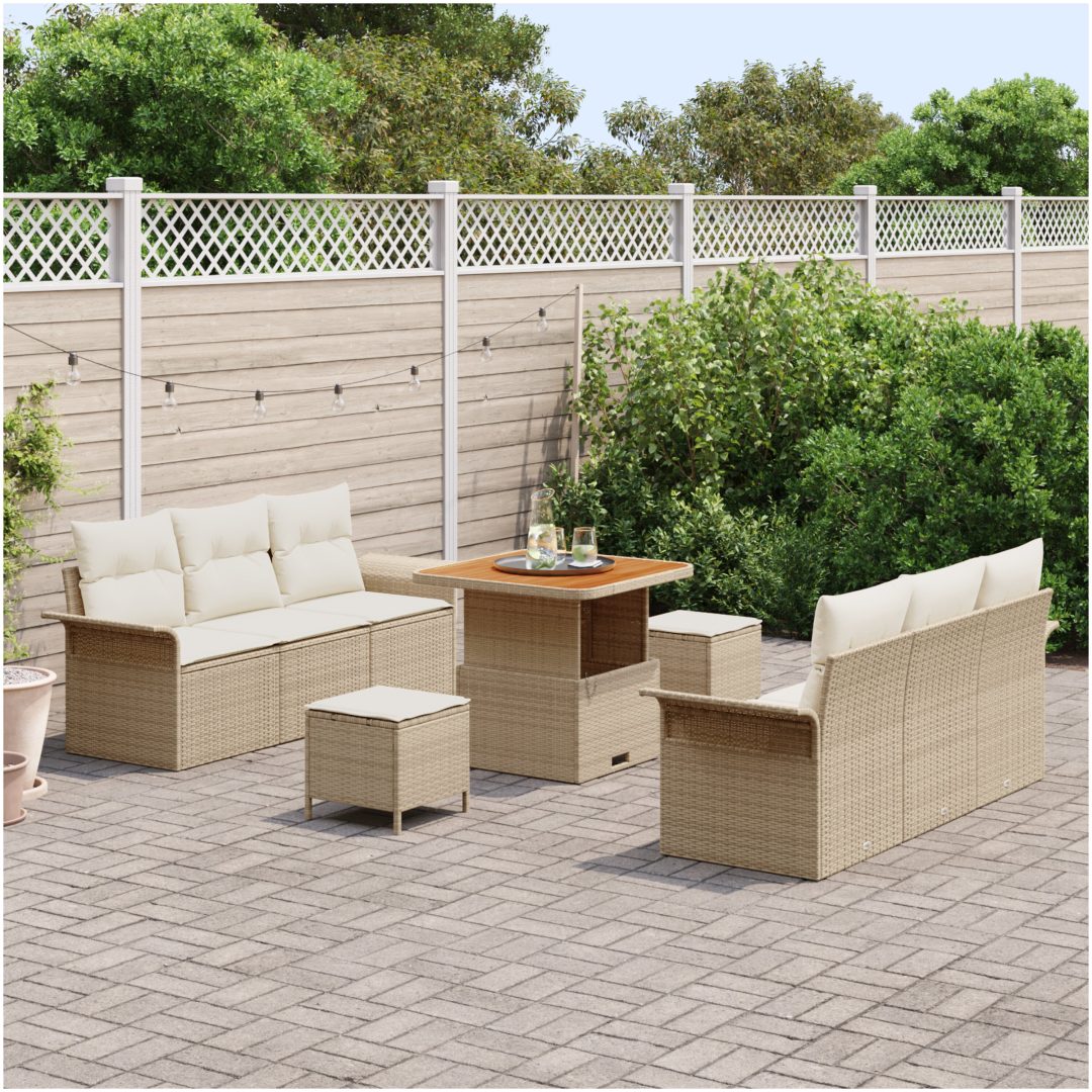 9-delad Trädgård Soffset med Kuddar i Beige Poly Rattan vidaXL Stor – bild 3