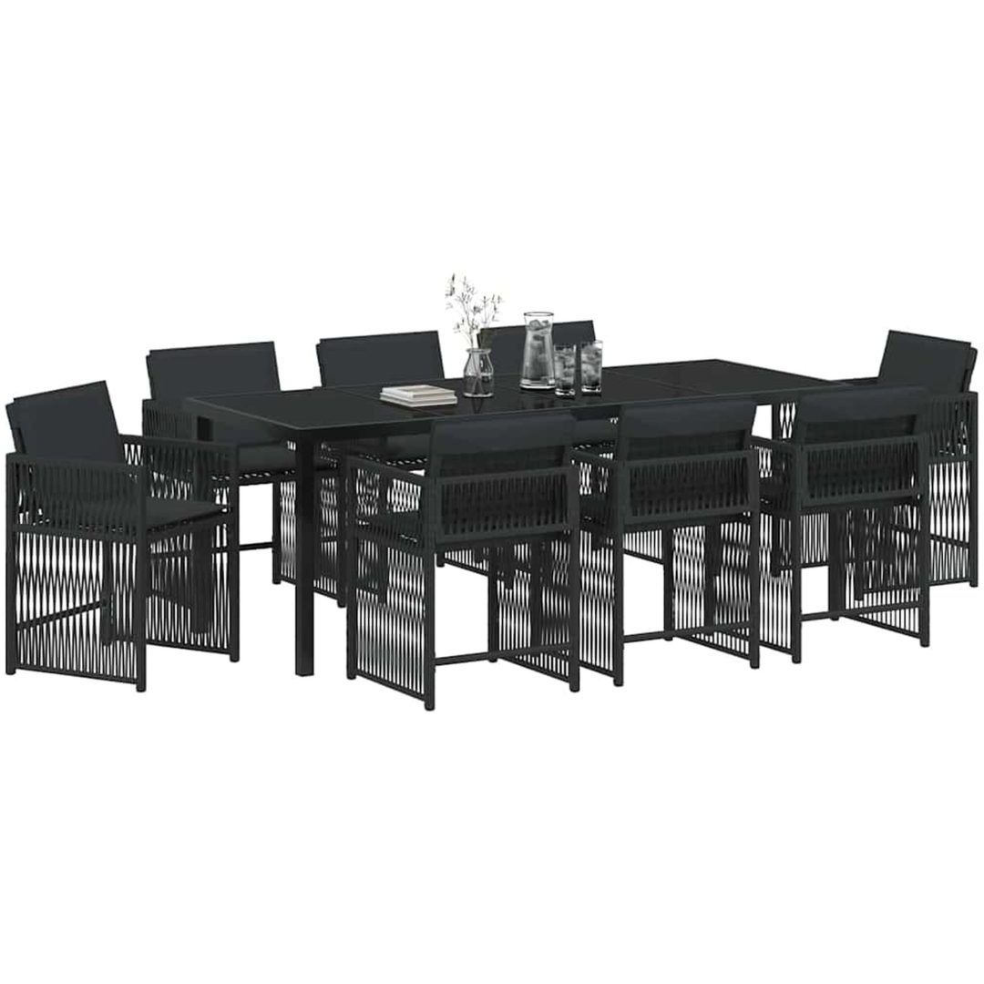 9-delad trädgårdsdining-set med kuddar i svart poly rattan vidaXL 200 x 80 x 73 cm – bild 3
