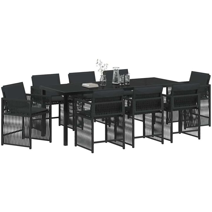 9-delad trädgårdsdining-set med kuddar i svart poly rattan vidaXL 200 x 80 x 73 cm – bild 3