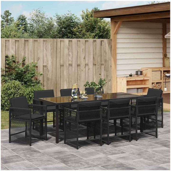 9-delad trädgårdsdining-set med kuddar i svart poly rattan vidaXL 200 x 80 x 73 cm – bild 4