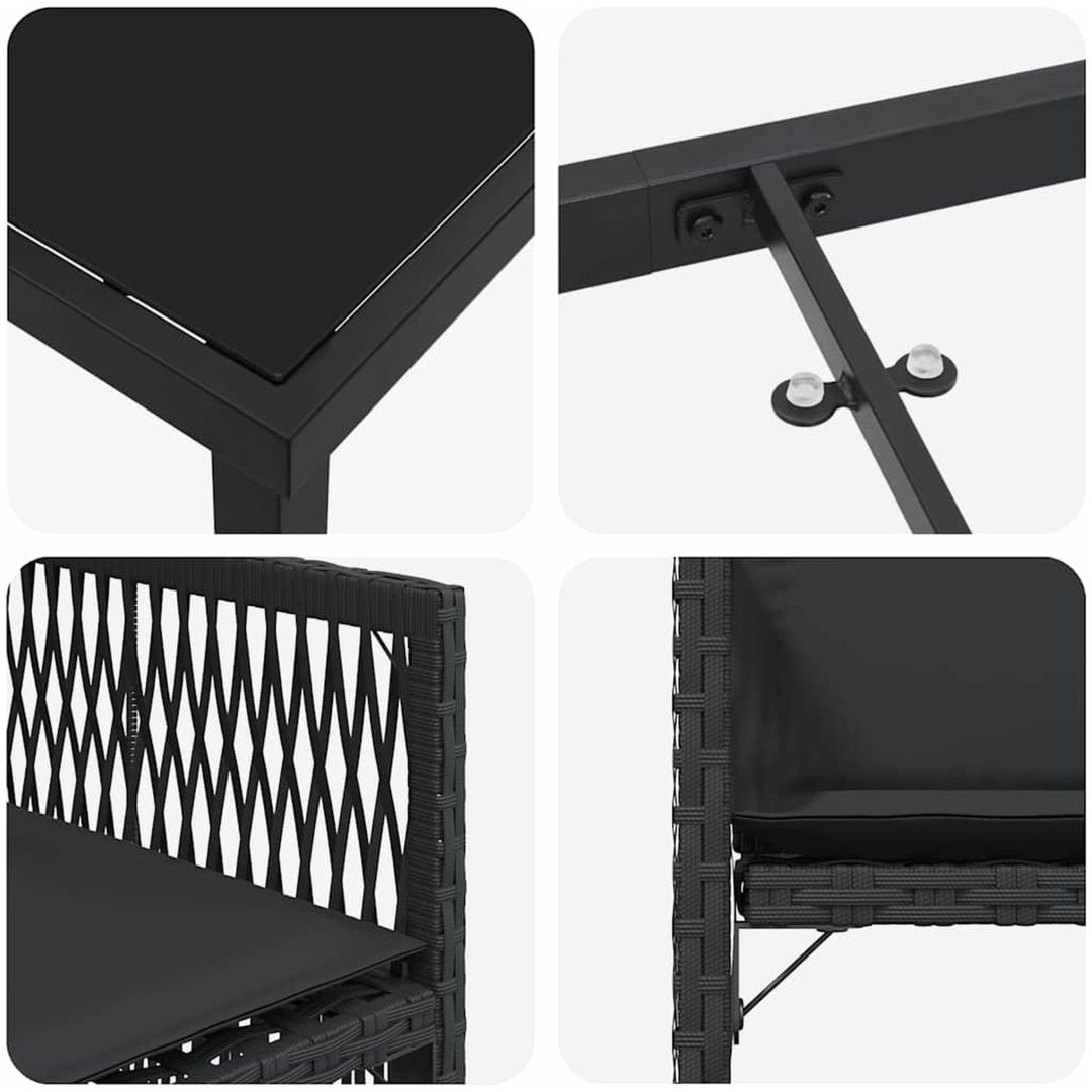 9-delad trädgårdsdining-set med kuddar i svart poly rattan vidaXL 200 x 80 x 73 cm – bild 7