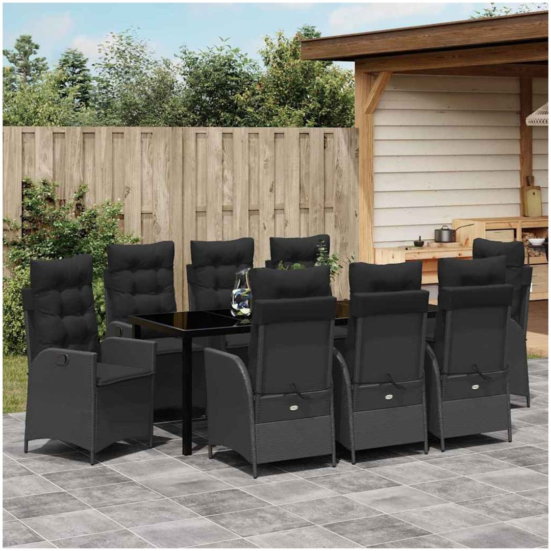 9-delad trädgårdsdining set med kuddar svart poly rattan vidaXL Standard – bild 4