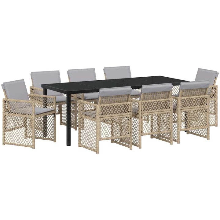 9-delad Trädgårdsmatgrupp med Kuddar Beige Poly Rattan vidaXL Stor – bild 2