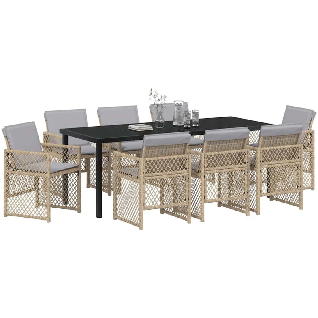 9-delad Trädgårdsmatgrupp med Kuddar Beige Poly Rattan vidaXL Stor – bild 3