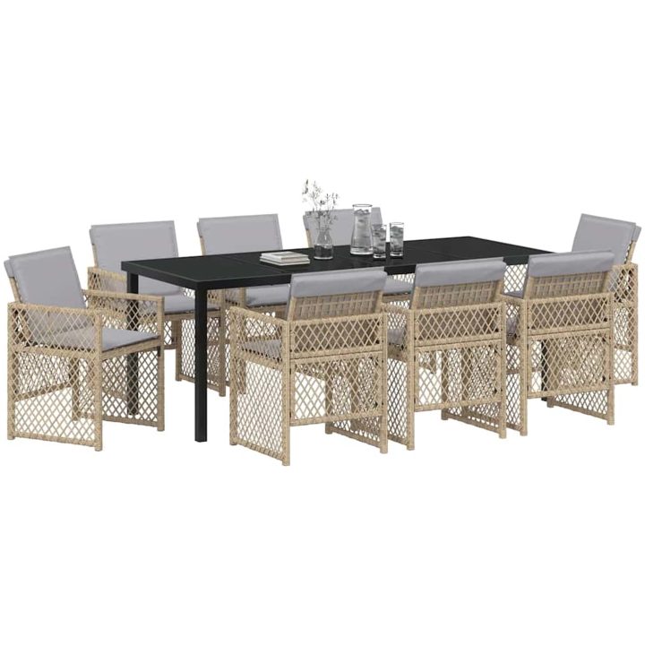 9-delad Trädgårdsmatgrupp med Kuddar Beige Poly Rattan vidaXL Stor – bild 3