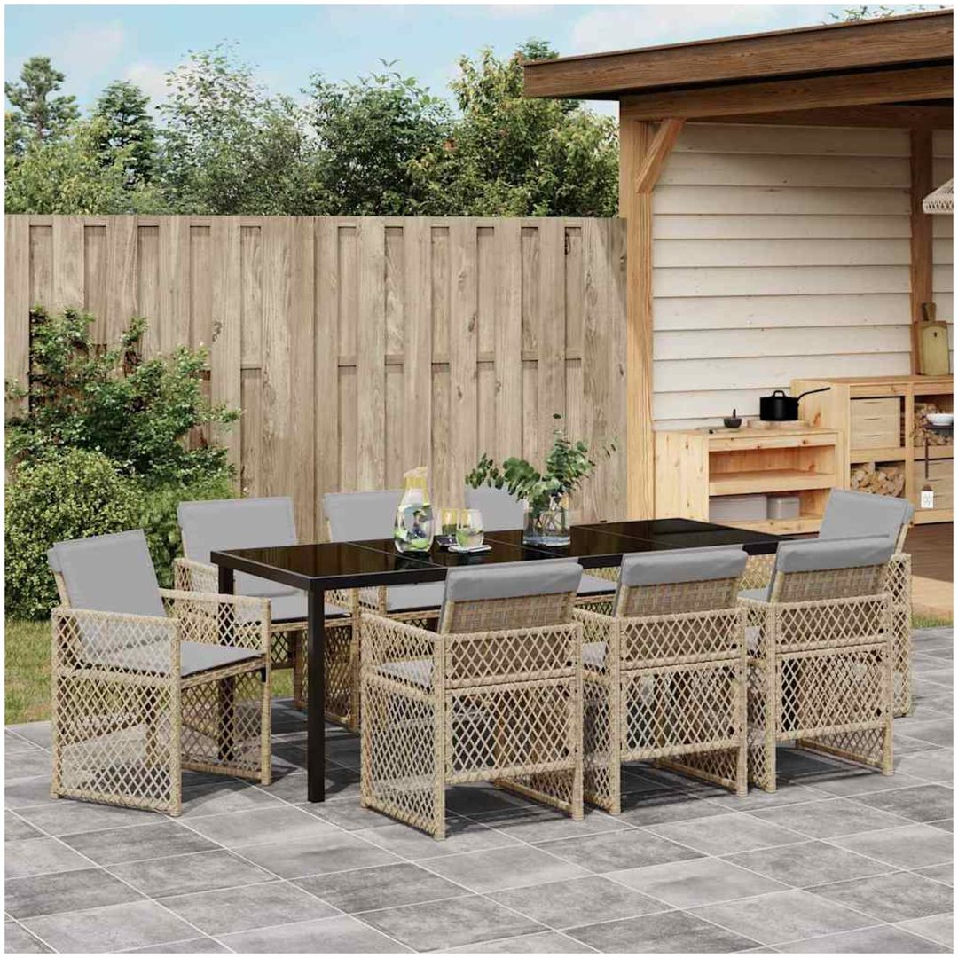 9-delad Trädgårdsmatgrupp med Kuddar Beige Poly Rattan vidaXL Stor – bild 4