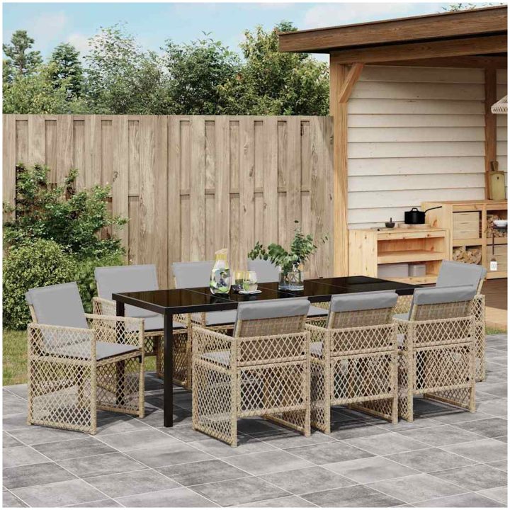 9-delad Trädgårdsmatgrupp med Kuddar Beige Poly Rattan vidaXL Stor – bild 4