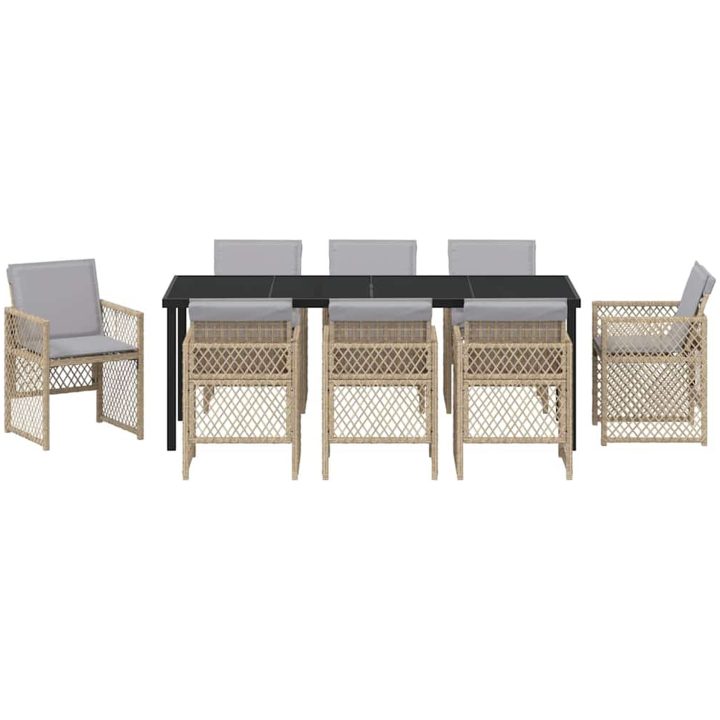 9-delad Trädgårdsmatgrupp med Kuddar Beige Poly Rattan vidaXL Stor – bild 6