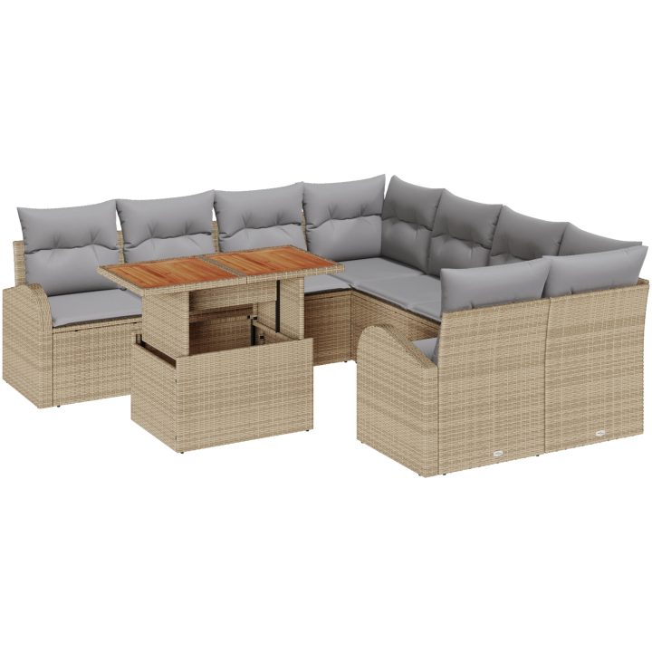 9-delad trädgårdsmatgrupp med kuddar Beige Polyrotting Akacia vidaXL 100 x 55 x 73 cm – bild 2