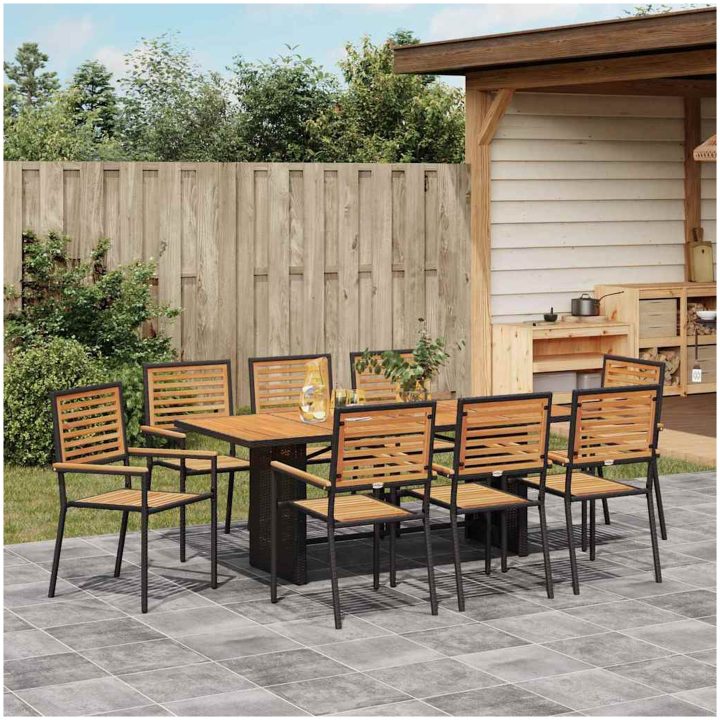 9-delad Trädgårdsmatgrupp Svart Poly Rattan Akacia vidaXL 8 - Sits – bild 4