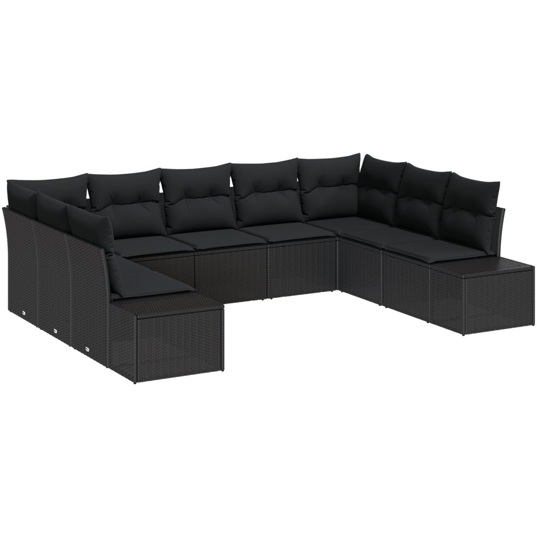 9-delad trädgårdsmöbelset med kuddar - Svart polyrotting vidaXL 289 x 209 x 69 cm – bild 2
