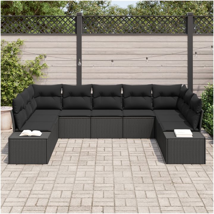 9-delad trädgårdsmöbelset med kuddar - Svart polyrotting vidaXL 289 x 209 x 69 cm – bild 3
