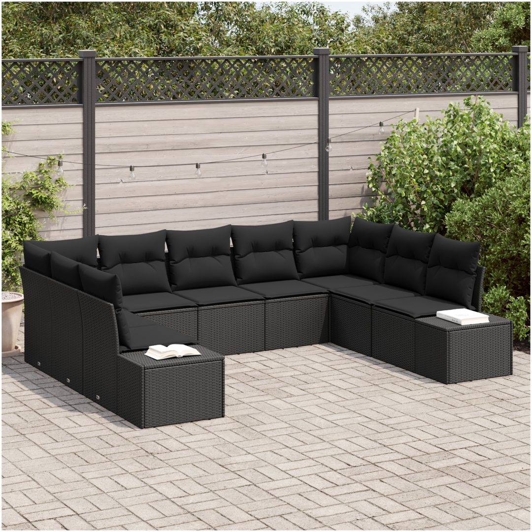 9-delad trädgårdsmöbelset med kuddar - Svart polyrotting vidaXL 289 x 209 x 69 cm