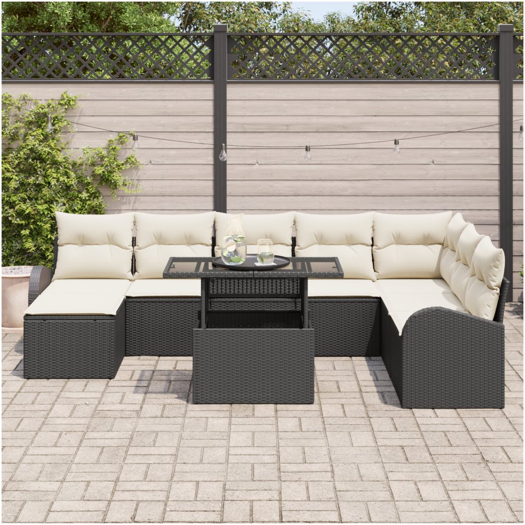 9-delad trädgårdsofa med kuddar svart poly rattan vidaXL Stor – bild 3