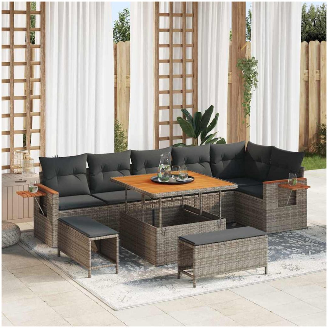9-delad Trädgårdsofa Set med Kuddar Grå Poly Rattan Akacia vidaXL Stor