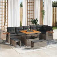 9-delad Trädgårdsofa Set med Kuddar Grå Poly Rattan Akacia vidaXL