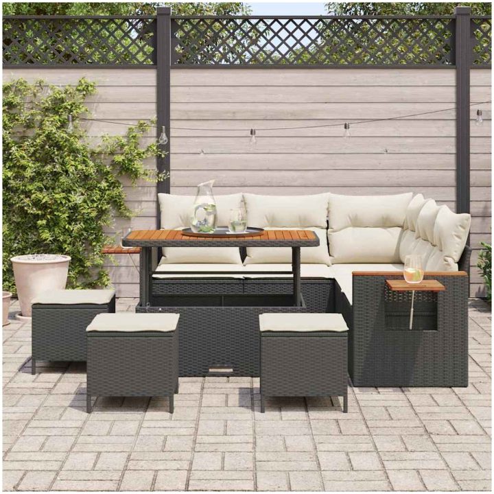 9-delad Trädgårdsofa Set med Kuddar Svart Poly Rattan Akacia vidaXL 5 - Sits – bild 3