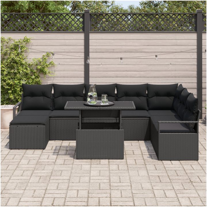 9-delad trädgårdsoffセット med kuddar svart poly rattan vidaXL Stor – bild 3